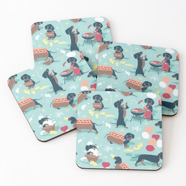 Item preview, Hot dogs and lemonade // aqua green background navy and brown dachshunds  designed and sold by SelmaCardoso.