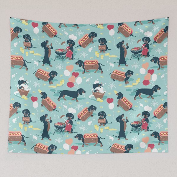 Item preview, Hot dogs and lemonade // aqua green background navy and brown dachshunds  designed and sold by SelmaCardoso.