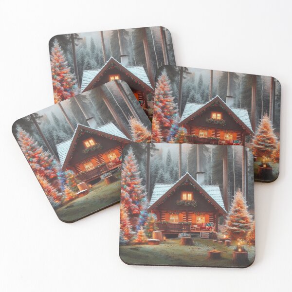 Item preview, A cozy cabin in the woods surrounded by colorful christmas trees designed and sold by erkabees.