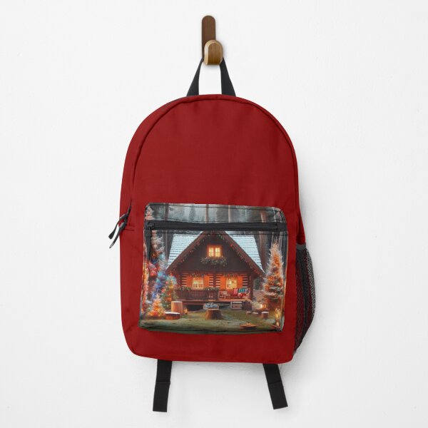 Item preview, A cozy cabin in the woods surrounded by colorful christmas trees designed and sold by erkabees.