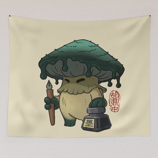 Item preview, inky cap mushroom character with ink bottle and fountain pen designed and sold by DingHuArt.