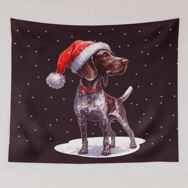 Item preview, Brown Pointer Dog in the Snow with a Santa Hat - Braque Francais Christmas Painting - Christmas Gascogne designed and sold by Star-Fragment.