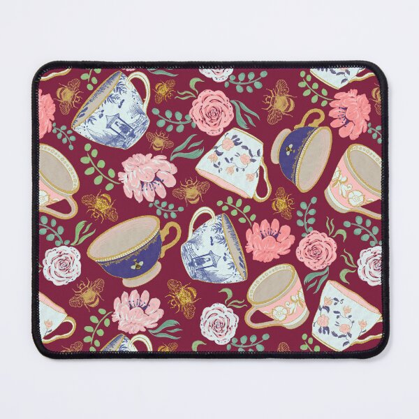 Item preview, Regency Era Whimsical Tea Cups & Watercolor Flowers Pattern - Maroon designed and sold by EcoElsa.