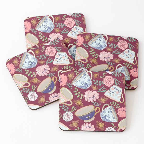 Item preview, Regency Era Whimsical Tea Cups & Watercolor Flowers Pattern - Maroon designed and sold by EcoElsa.