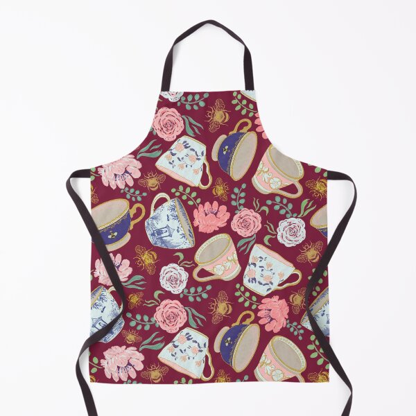 Item preview, Regency Era Whimsical Tea Cups & Watercolor Flowers Pattern - Maroon designed and sold by EcoElsa.