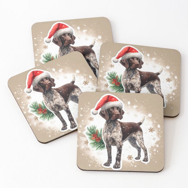 Item preview, Brown Pointer in the Snow with a Santa Hat - Braque Francais Christmas Painting - Gold Background designed and sold by Star-Fragment.