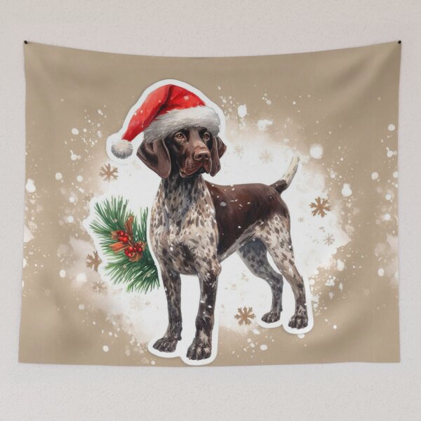 Item preview, Brown Pointer in the Snow with a Santa Hat - Braque Francais Christmas Painting - Gold Background designed and sold by Star-Fragment.