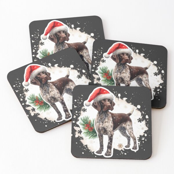 Item preview, German Shorthaired Pointer in the Snow with a Santa Hat - Braque Francais Christmas Painting - Dark Background designed and sold by Star-Fragment.