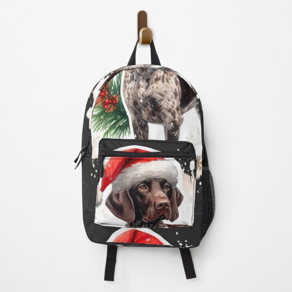 Item preview, German Shorthaired Pointer in the Snow with a Santa Hat - Braque Francais Christmas Painting - Dark Background designed and sold by Star-Fragment.