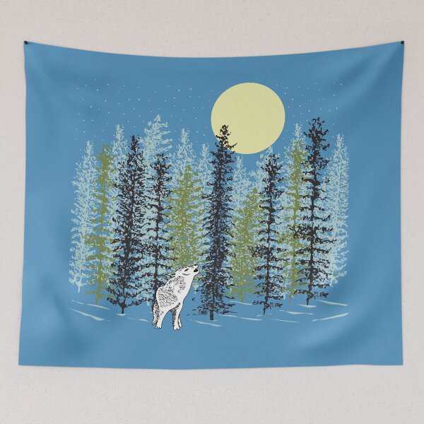 Item preview, Wolf Howling at the Moon with Woodland Trees in Winter designed and sold by sunlightforest.