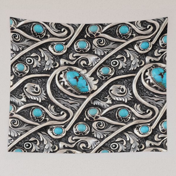 Item preview, South West Turquoise Gemstone Silver Retro Vintage Seamless Pattern Inspired by Native American Handmade Sterling Silver Jewelry Rockin Art by Badassbazaar designed and sold by BadassBazaar.