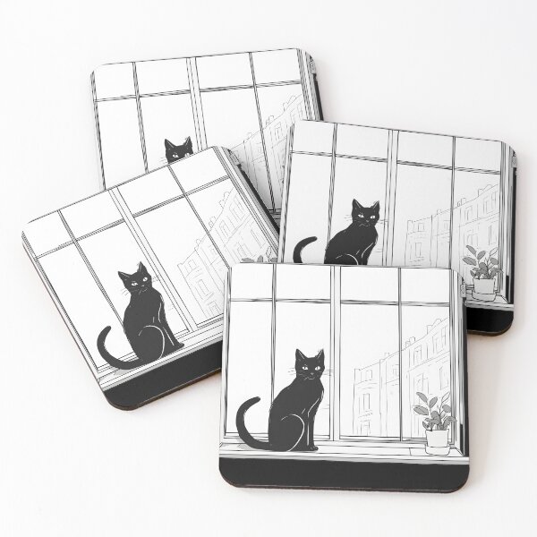 Item preview, Aesthetic minimalist drawing black cat in the window with home plant designed and sold by Catophile.