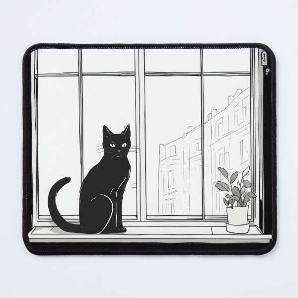 Item preview, Aesthetic minimalist drawing black cat in the window with home plant designed and sold by Catophile.