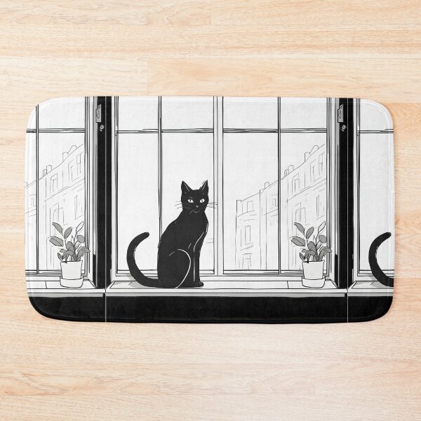 Item preview, Aesthetic minimalist drawing black cat in the window with home plant designed and sold by Catophile.