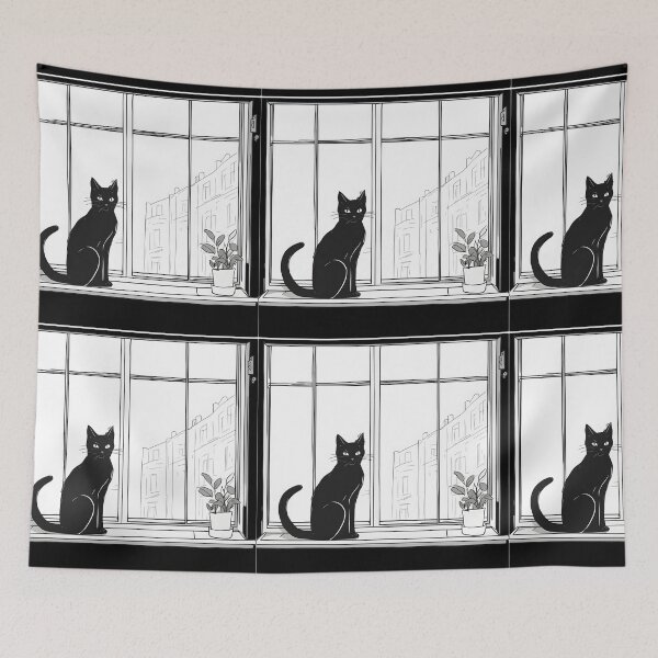 Item preview, Aesthetic minimalist drawing black cat in the window with home plant designed and sold by Catophile.