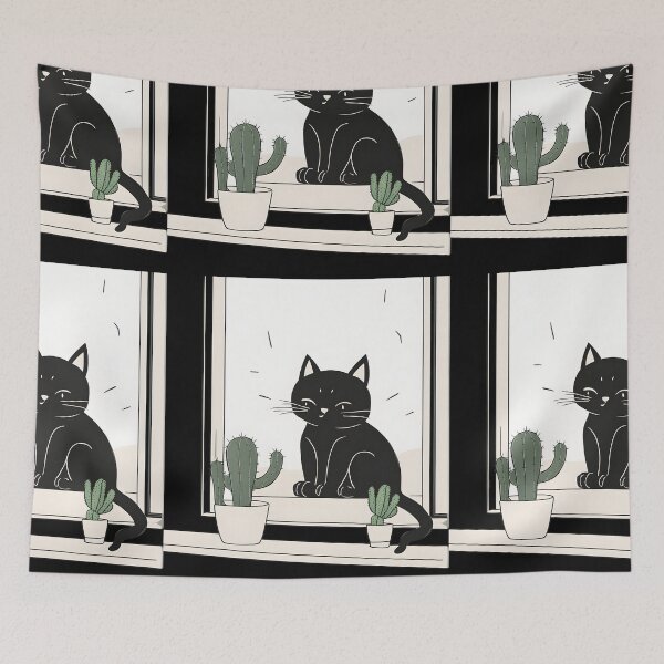 Item preview, Happy black cat with cactus In th window  designed and sold by Catophile.