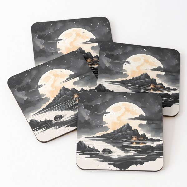 Item preview, Simple, simple ink, black ink, painting, logo style. A breathtaking landscape with campfire, island view, cave dwelling area, beautiful stars, moonlight, ocean reflection. designed and sold by RAILGUNWII.