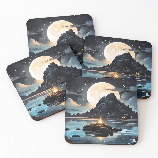 Item preview, Simple, simple ink, black ink, painting, logo style. A breathtaking landscape with campfire, island view, cave dwelling area, beautiful stars, moonlight, ocean reflection. designed and sold by RAILGUNWII.