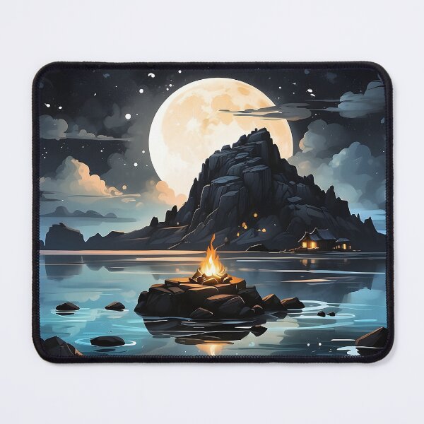 Item preview, Simple, simple ink, black ink, painting, logo style. A breathtaking landscape with campfire, island view, cave dwelling area, beautiful stars, moonlight, ocean reflection. designed and sold by RAILGUNWII.