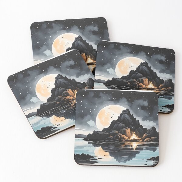 Item preview, Simple, simple ink, black ink, painting, logo style. A breathtaking landscape with campfire, island view, cave dwelling area, beautiful stars, moonlight, ocean reflection. designed and sold by RAILGUNWII.