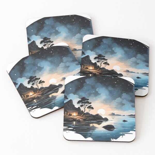 Item preview, Simple, simple ink, black ink, painting, logo style. A breathtaking landscape with campfire, island view, cave dwelling area, beautiful stars, moonlight, ocean reflection. designed and sold by RAILGUNWII.