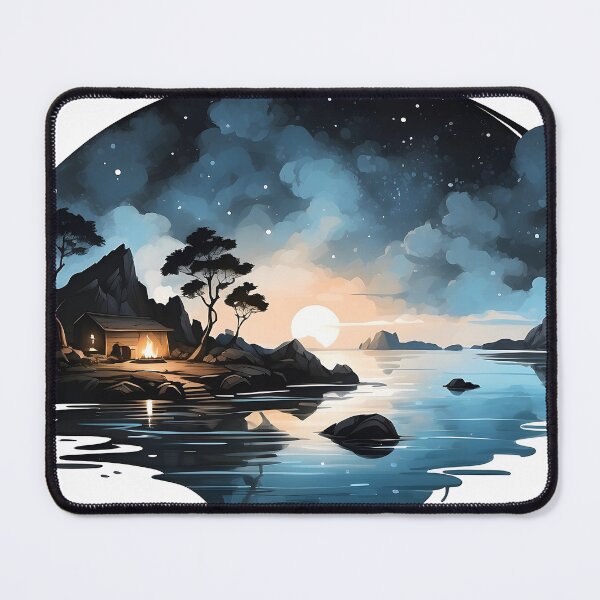 Item preview, Simple, simple ink, black ink, painting, logo style. A breathtaking landscape with campfire, island view, cave dwelling area, beautiful stars, moonlight, ocean reflection. designed and sold by RAILGUNWII.