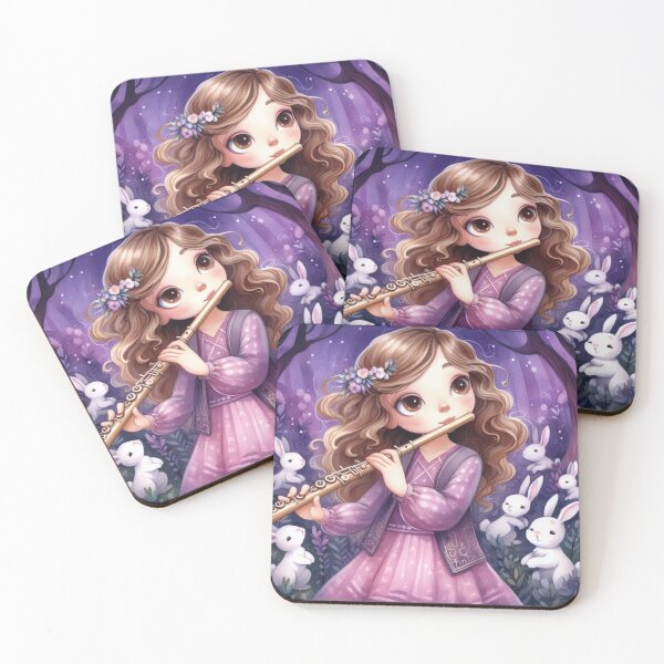 Item preview, Girl Playing Brass Flute in Purple Forest with Bunnies (#1/4) Music Student Gift designed and sold by ElegantTeaTime.