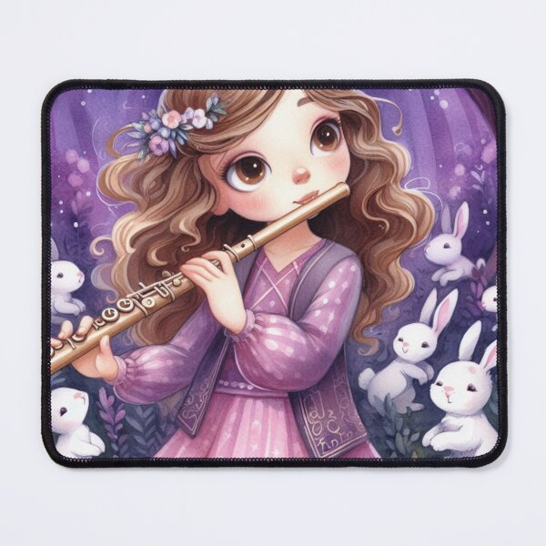 Item preview, Girl Playing Brass Flute in Purple Forest with Bunnies (#1/4) Music Student Gift designed and sold by ElegantTeaTime.