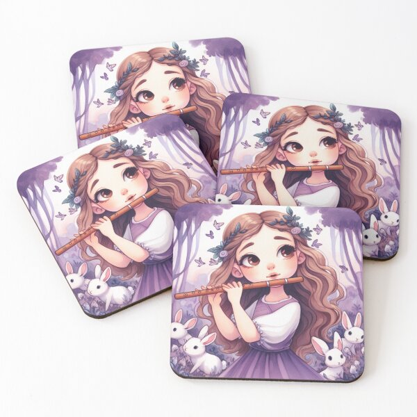 Item preview, Girl Playing Wooden Flute in Purple Forest with Bunnies (#2/4) Music Student Gift designed and sold by ElegantTeaTime.