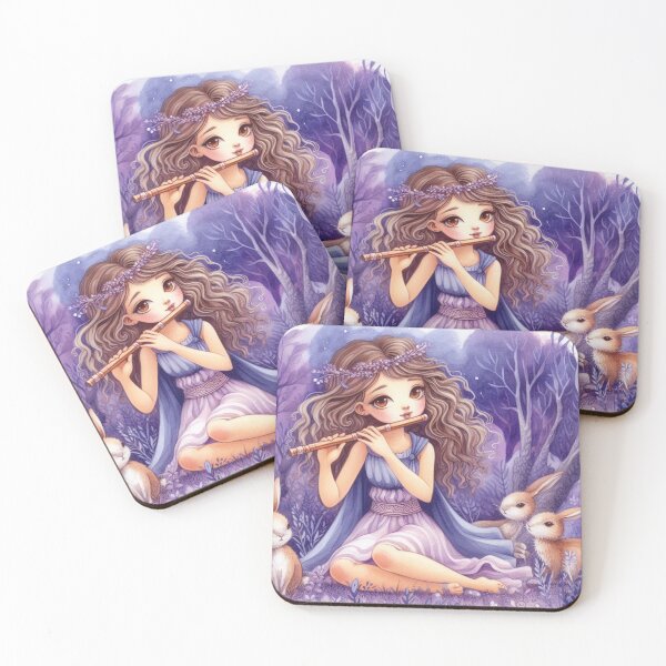 Item preview, Young Woman in Grecian Attire Playing Flute in Purple Forest with Bunnies (#4/4) Music Student Gift designed and sold by ElegantTeaTime.