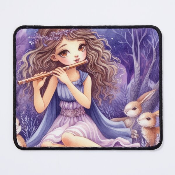 Item preview, Young Woman in Grecian Attire Playing Flute in Purple Forest with Bunnies (#4/4) Music Student Gift designed and sold by ElegantTeaTime.