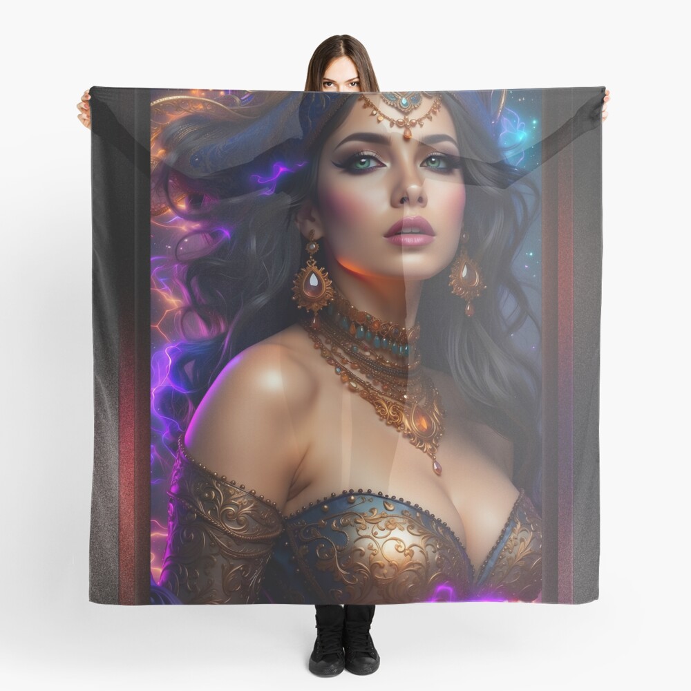 Portrait Of Unariya The Star Queen AI Concept Art by Xzendor7 - An Alluring Mystic Of The Stars 4 Portrait Of Unariya The Star Queen Beautiful AI Concept Art by Xzendor7 Decorative Ladies Scarf Art Print