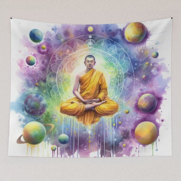 Item preview, Buddhist monk meditation under a mandala and planets designed and sold by shacalacah.