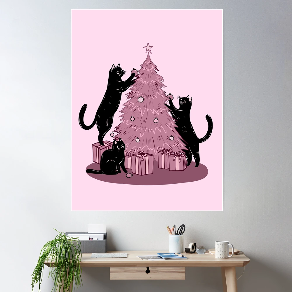 Cats Decorating The Pink Christmas Tree