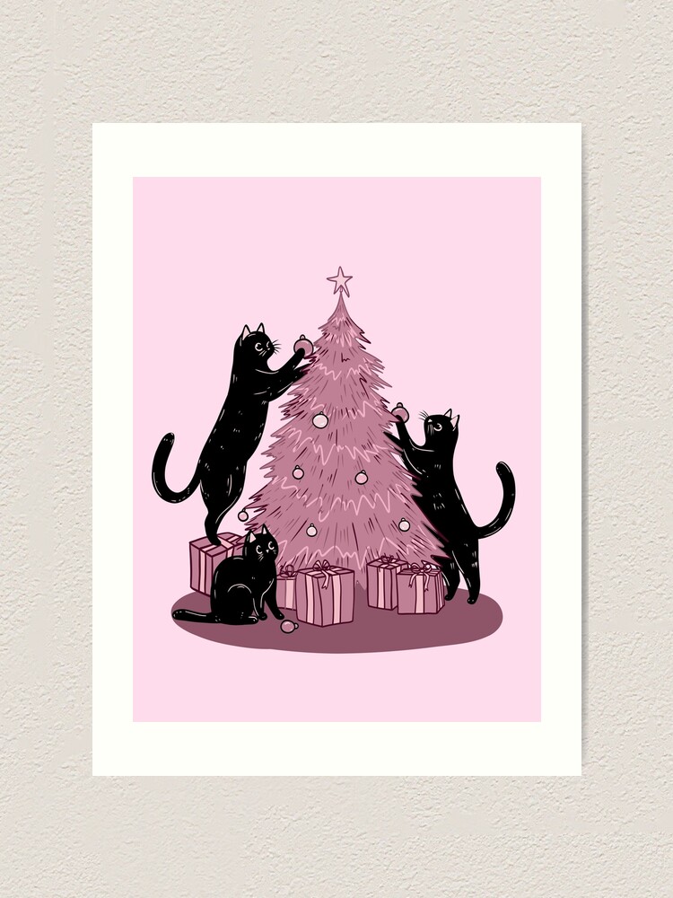 Cats Decorating The Pink Christmas Tree