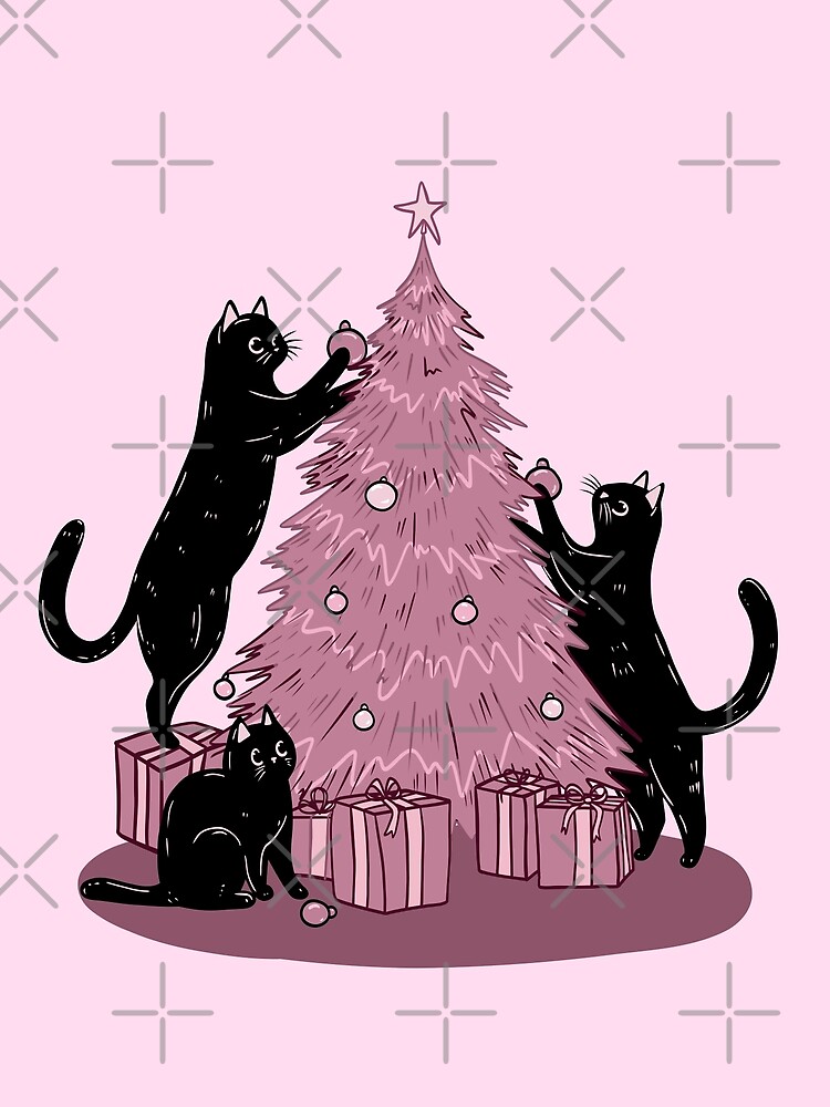 Cats Decorating The Pink Christmas Tree