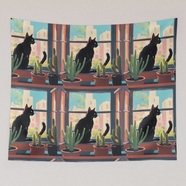Item preview, Cat In the Window with cactus  indoor plants designed and sold by Catophile.