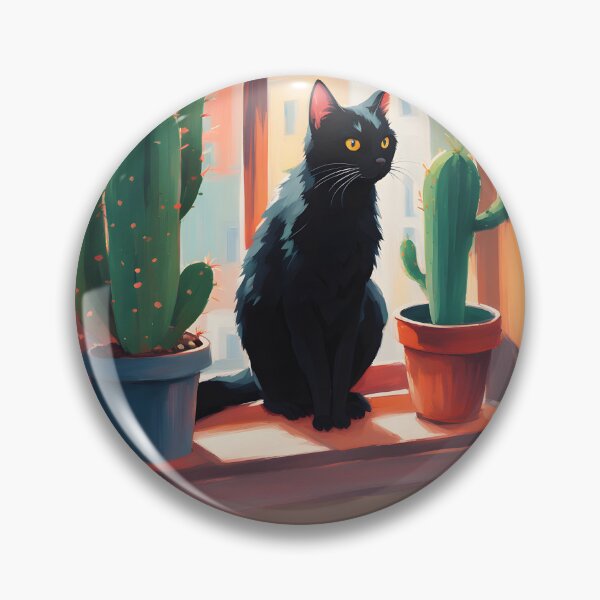 Item preview, Cartoonish black cat in the window with cactus  designed and sold by Catophile.