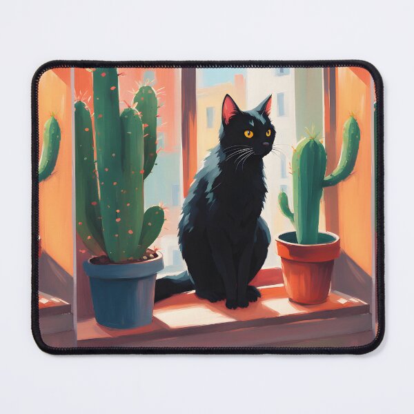 Item preview, Cartoonish black cat in the window with cactus designed and sold by Catophile.