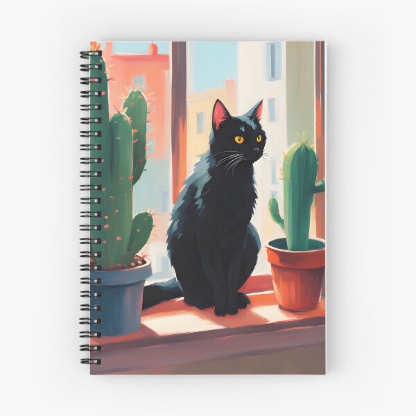 Item preview, Cartoonish black cat in the window with cactus  designed and sold by Catophile.