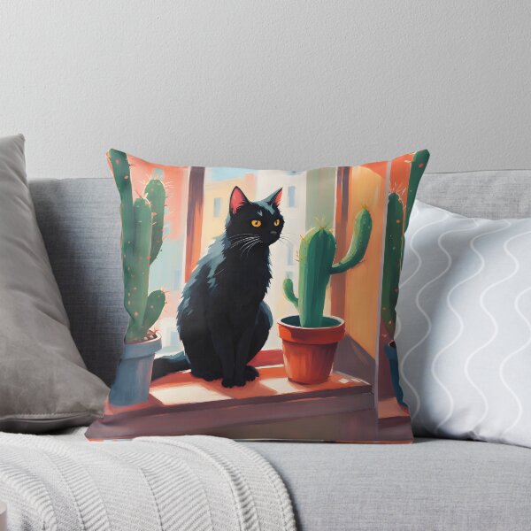 Item preview, Cartoonish black cat in the window with cactus  designed and sold by Catophile.