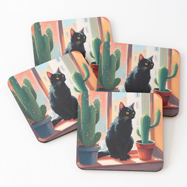 Item preview, Cartoonish black cat in the window with cactus  designed and sold by Catophile.