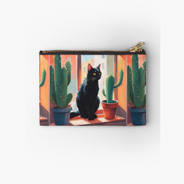 Item preview, Cartoonish black cat in the window with cactus  designed and sold by Catophile.