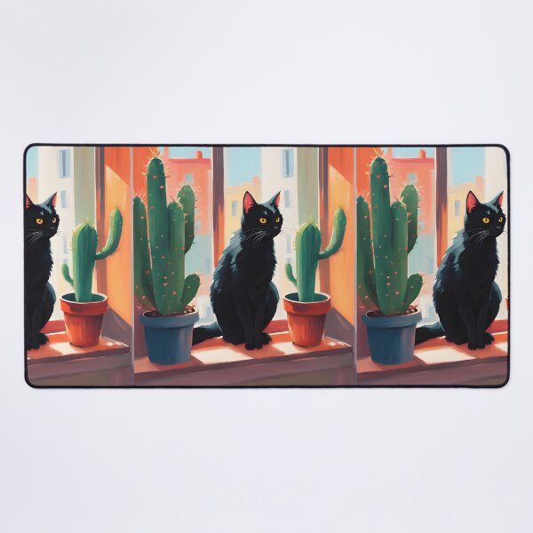 Item preview, Cartoonish black cat in the window with cactus designed and sold by Catophile.