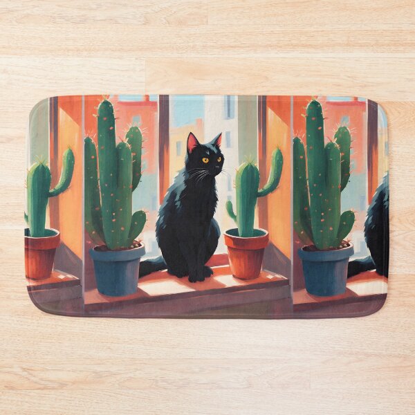 Item preview, Cartoonish black cat in the window with cactus  designed and sold by Catophile.