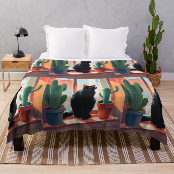 Item preview, Cartoonish black cat in the window with cactus designed and sold by Catophile.