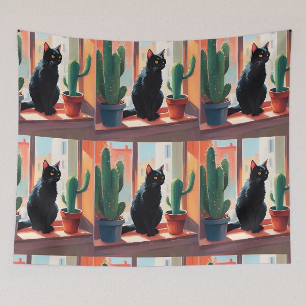 Item preview, Cartoonish black cat in the window with cactus  designed and sold by Catophile.