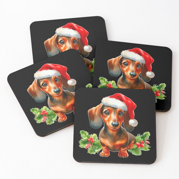 Artikelvorschau, Festliche Dackelmalerei - Feiertags-Doxie, Weiner-Hund, Wursthund, schwarzer Hintergrund entworfen und verkauft von Star-Fragment.