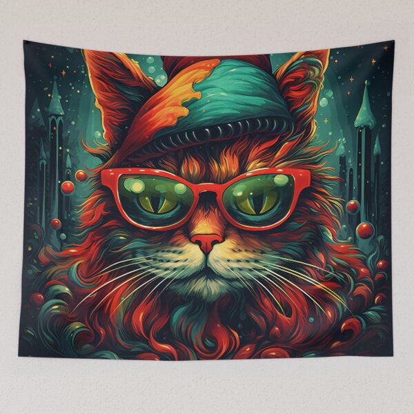 Item preview, trippy holiday cat print designed and sold by dcrc.