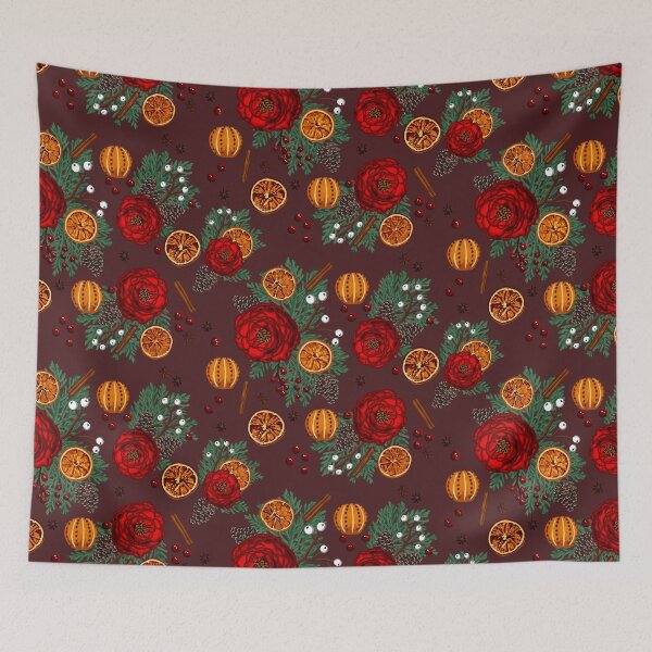 Item preview, Winter floral citrus and spice on burgundy brown designed and sold by Quick Brown Fox Canada.